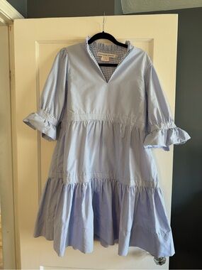 Gretchen Scott Designs Light Blue and White Striped Tiered Dress